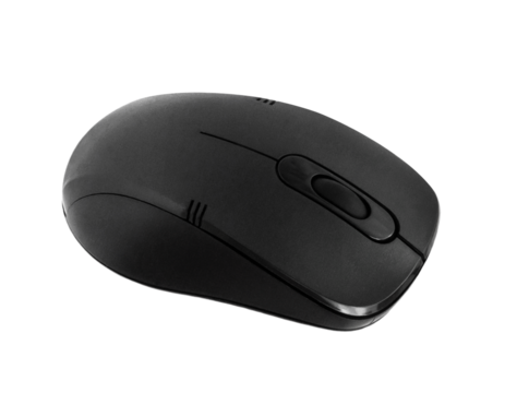 Black computer mouse on white and transparent background. PNG.