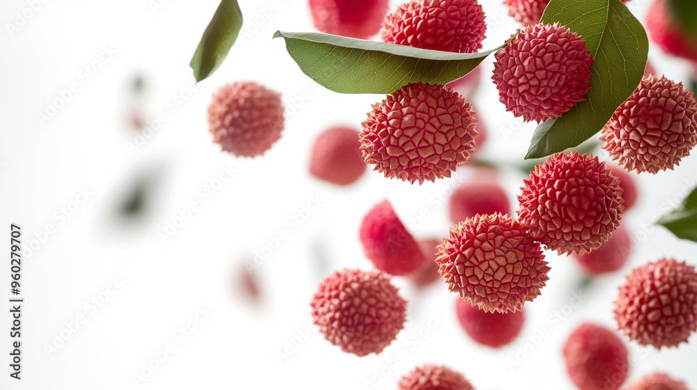 Wall mural Fresh lychees hanging from branches, showcasing vibrant colors and unique textures in a natural light setting