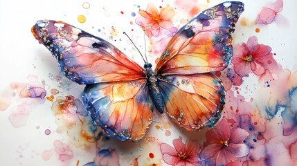 Artistic butterfly with flower petals, vibrant watercolors, clear powder accents, unique blend