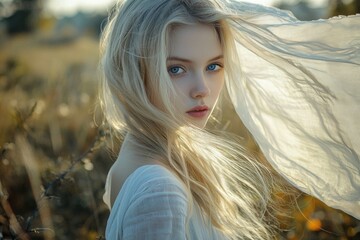 A Slavic blonde-haired girl with blue eyes in nature, wearing a transparent scarf flowing in the wind and white linen clothing, capturing the lightness and beauty of a young woman.