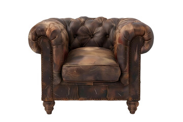 front view of brown leather chesterfield sofa, isolated on white background