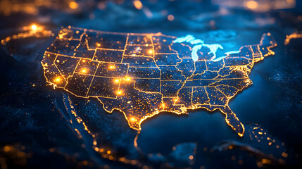 Aerial view of the United States illuminated at night.