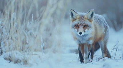 Fototapeta premium Red fox standing alert in a frosty winter field, surrounded by frozen vegetation and misty wilderness, showcasing wildlife and nature in a cold environment
