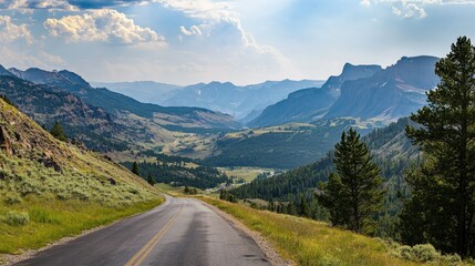 The scenic Beartooth Highway leading to Yellowstone with panoramic views of the surrounding wilderness.