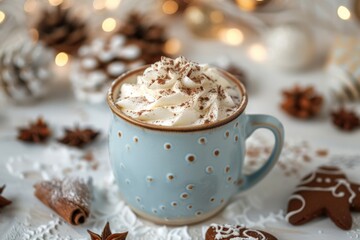 A winter-themed blue mug filled with whipped cream-topped hot chocolate, surrounded by pinecones, gingerbread cookies, and festive bokeh lights.