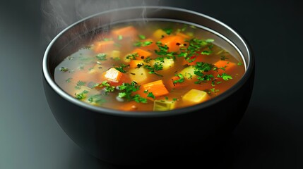 Delicious steaming soup in a black bowl, filled with colorful vegetables and fresh herbs, perfect for a comforting meal.