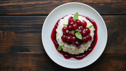 Tempting rice pudding dessert with cherry sauce and mint leaves served on a white plate placed on a wooden table