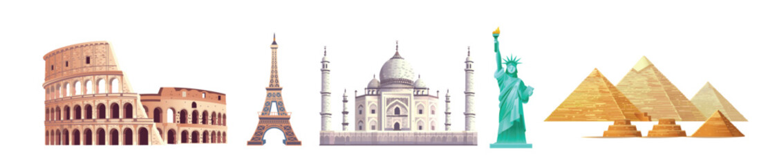 Naklejka premium Famous buildings: eiffel tower, coliseum, taj mahal, Statue of Liberty, Egyptian Pyramids on a white background. Hand drawn cartoon vector Illustration.