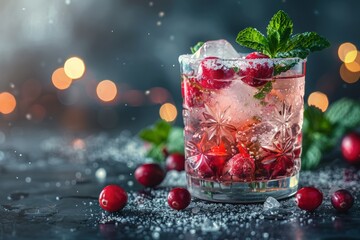 A refreshing glass of mint and cranberry mojito garnished with fresh mint leaves, cranberries, and ice, set against a dark background.
