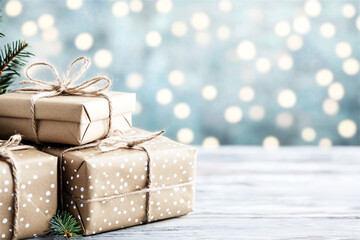 Christmas gifts wrapped in craft brown paper and string are sitting on white wood with sparkling lights in the background. Copy space festive background