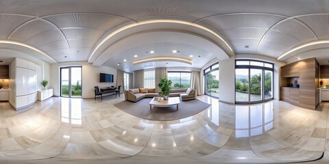 360 degree view of a modern interior space, perfect for virtual tours or web design