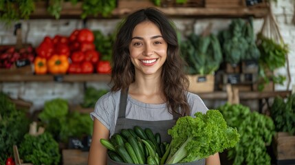 Smiling Hispanic woman holds a reusable shopping bag filled with fresh vegetables at an urban market