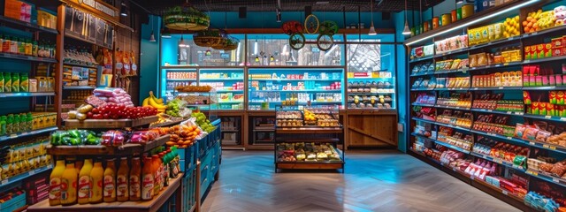 Fototapeta premium Interior of a grocery store with fresh fruits and colorful packaged products