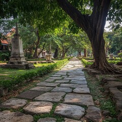 The stone pathways of Wat Pho, leading through gardens and past ancient shrines, under the shade of large trees