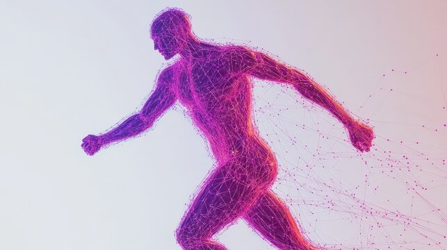 Sport science and fitness regime digital representation with athlete figure on plain background