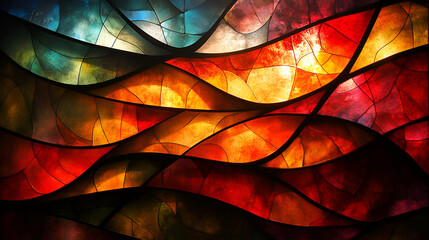 Colorful abstract design featuring flowing waves in shades of red, orange, and gold against a contrasting blue background