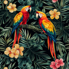 Fototapeta premium Tropical leaves and flowers with colorful parrots in a seamless pattern on a black background. 