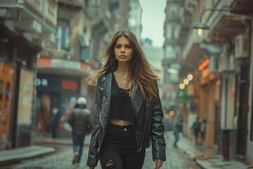 Stylish Young Woman Walking in a Busy Urban Street, Inviting Gesture

