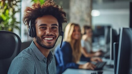 Portrait of happy biracial businessman using phone headset and smiling at office