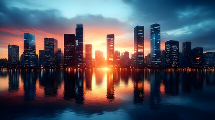 Fototapeta premium City skyline at sunset reflected in water.