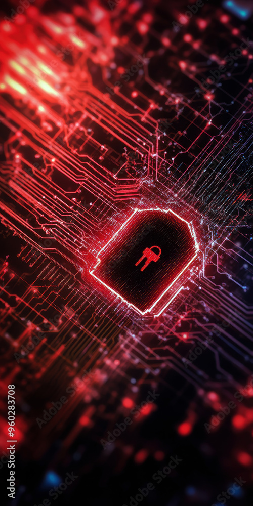 Poster a red and black image of a man with a key in his hand. the image is of a computer chip with a red ke
