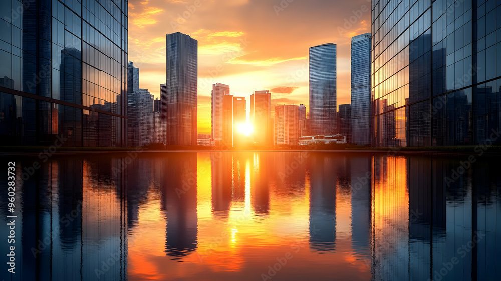 Wall mural city skyline at sunset reflecting in water.