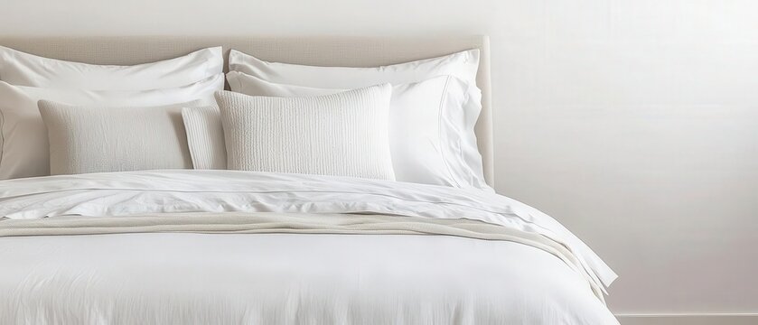 Neatly arranged bed sheets, dust mites control, easy care, clean design, cinematic feel