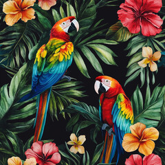 Obraz premium Tropical leaves and flowers with colorful parrots in a seamless pattern on a black background. 