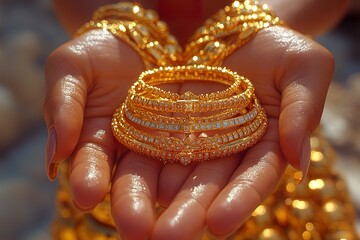 Glamorous Hand Holding Stunning Gold Jewelry Captured in Detail