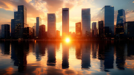 Fototapeta premium City skyline at sunset reflecting on water.
