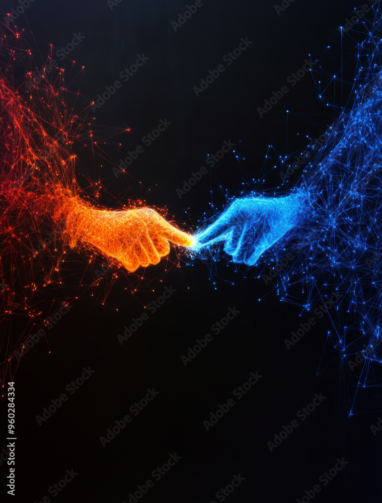 Poster Two hands are touching each other with a blue and red finger pointing at each other. Concept of connection and unity between the two hands