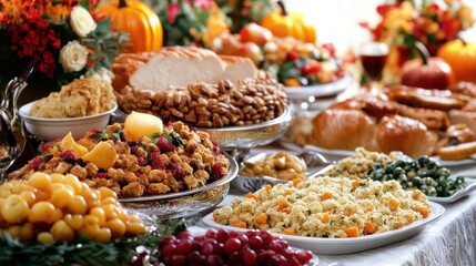 Obraz premium A Thanksgiving Feast Table with Various Dishes and Decorations