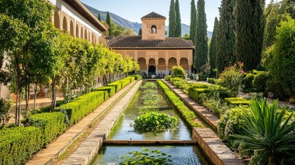 Naklejka premium The tranquil gardens of the Generalife at the Alhambra, with water features and lush greenery.