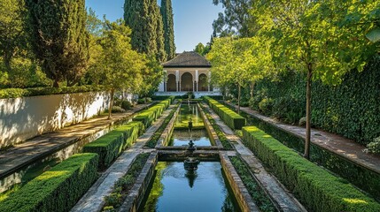 Obraz premium The tranquil gardens of the Generalife at the Alhambra, with water features and lush greenery.