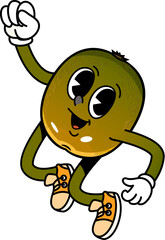 Cartoon groovy kiwi fruit character. Isolated vector fun and vibrant food personage joyfully jumping in the air wearing sneakers and gloves, radiating a playful and energetic vibe. Fresh and ripe kiwi