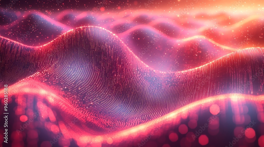Poster abstract visualization of colorful waves representing data patterns in a digital landscape at dusk