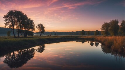 Obraz premium Serene Twilight Reflections in Mysterious Rural Landscape.