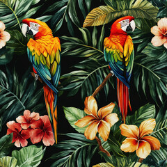 Fototapeta premium Tropical leaves and flowers with colorful parrots in a seamless pattern on a black background. 