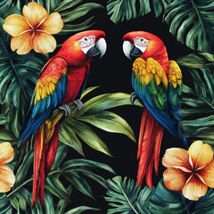 Obraz premium Tropical leaves and flowers with colorful parrots in a seamless pattern on a black background. 