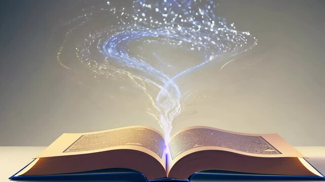 open book with magical glowing particles rising from its pages, creating a swirling, ethereal light effect. The scene suggests knowledge, fantasy, and the power of storytelling