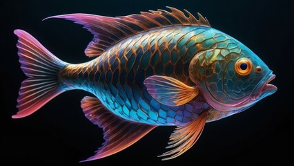 Fototapeta premium A vibrant, iridescent fish swims in the deep blue water.