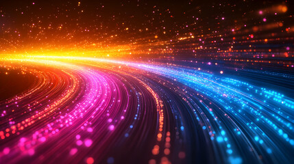 Colorful abstract light trails with glowing particles.