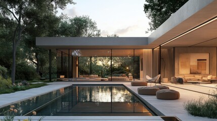 Obraz premium Modern villa with a pool and outdoor living room, the interior design of the modern house in a minimal style, a swimming pool outside the glass wall.
