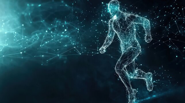 Sport science and fitness regime digital representation with athlete figure on plain background