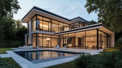 Fototapeta premium Modern villa with a pool and outdoor living room, the interior design of the modern house in a minimal style, a swimming pool outside the glass wall.