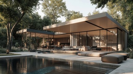 Modern villa with a pool and outdoor living room, the interior design of the modern house in a minimal style, a swimming pool outside the glass wall.
