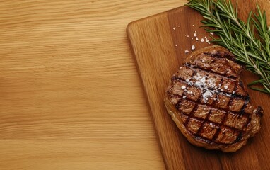 Fototapeta premium A close-up of a perfectly grilled steak with a sprinkle of sea salt, served on a wooden board next to rosemary sprigs
