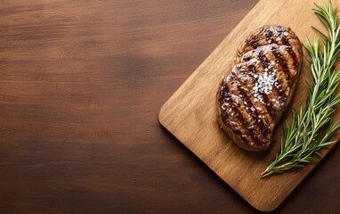 Fototapeta premium A close-up of a perfectly grilled steak with a sprinkle of sea salt, served on a wooden board next to rosemary sprigs