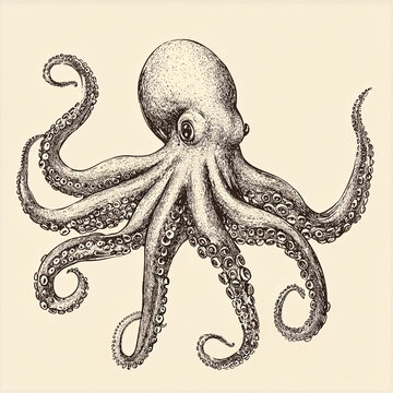recommend clip art: ntricate black and white hand-drawn illustration of an octopus with detailed line art, curled tentacles, and vintage marine design, sea creature graphic artwork