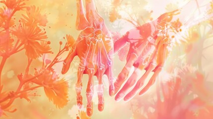 watercolor illustration, vintage postcard, World Arthritis Day, skeleton of a hand, light floral background, copy space, free space for text